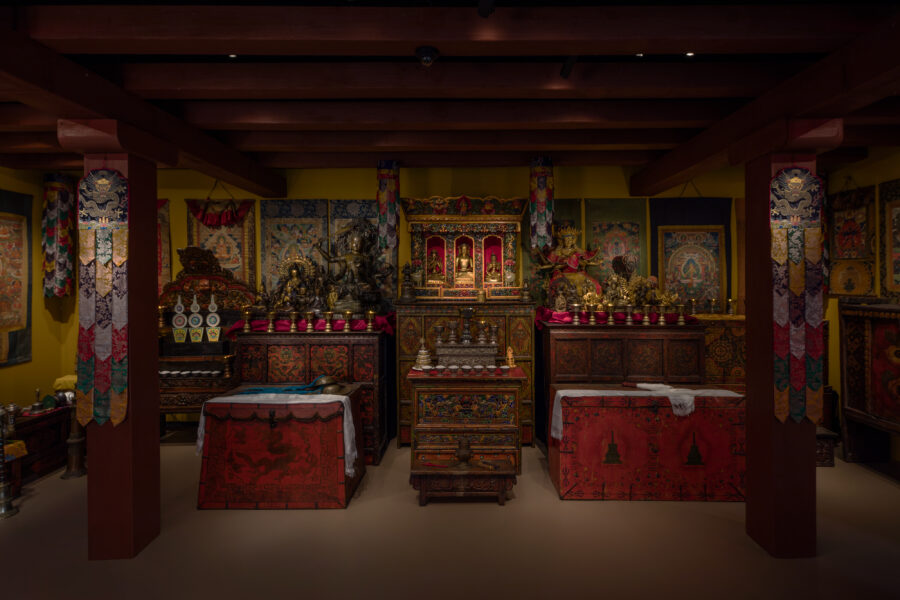 landscape view of tibetan buddhist shrine room installation