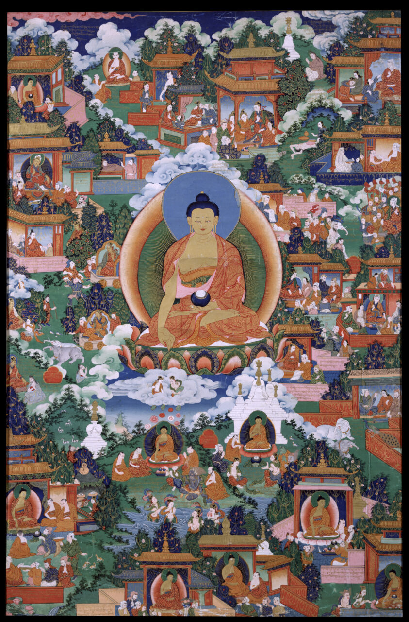 Buddha hovers, left hand extended towards ground, above mountainous landscape dotted with buildings and groups of figures