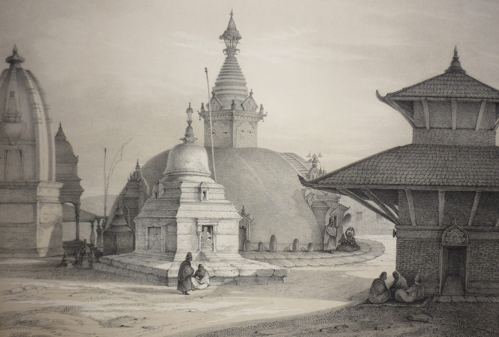 Black and white drawing of large stupa viewed through smaller stupas and pagoda