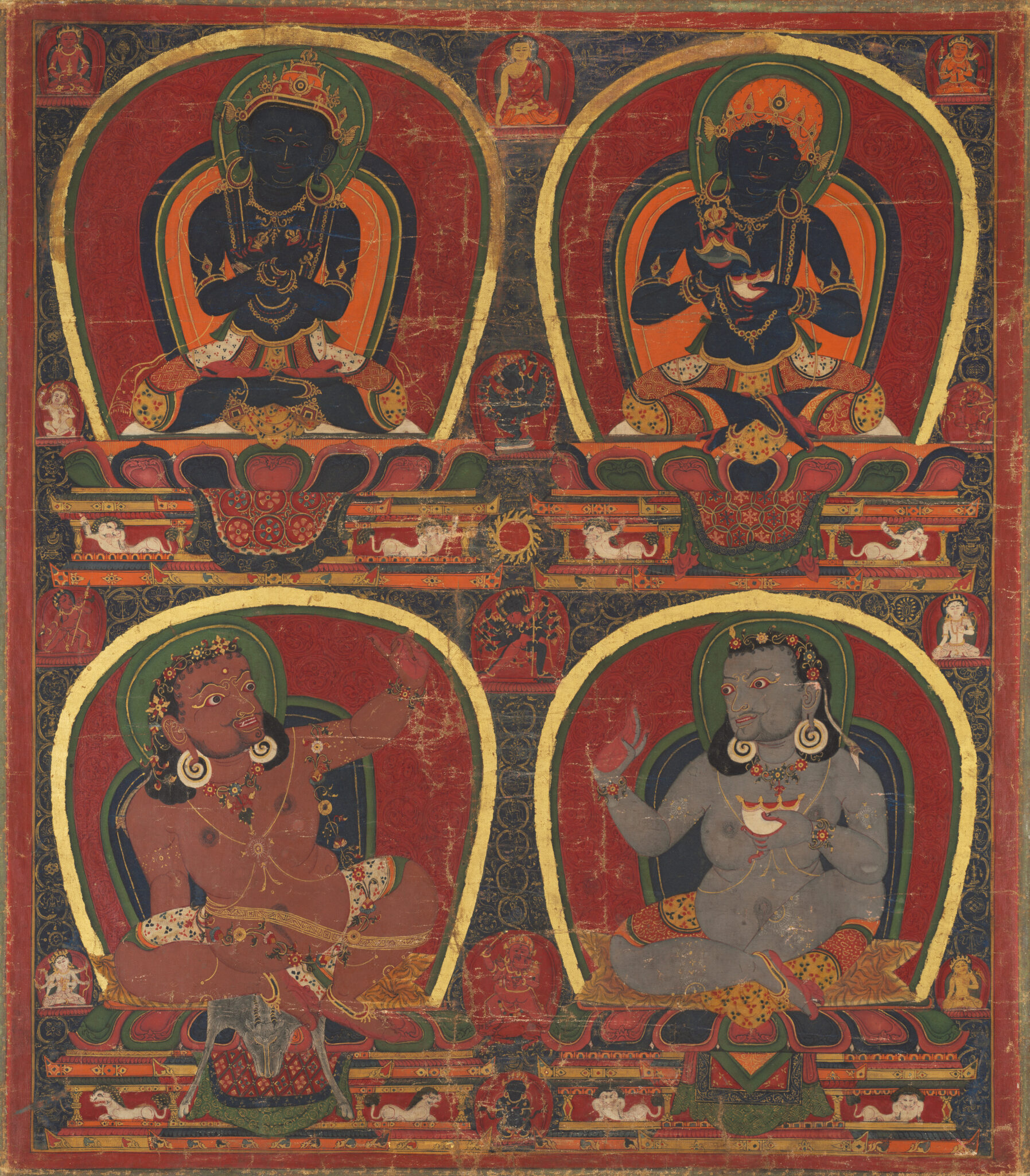 Four portraits arranged in square depicting figures seated on lotus pedestals with nimbuses of red and gold