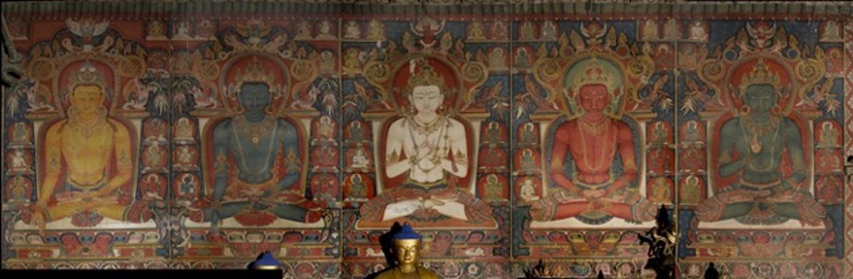 Mural depicting five Buddhas with yellow, blue, white, red, and green skin enthroned among deity portraits