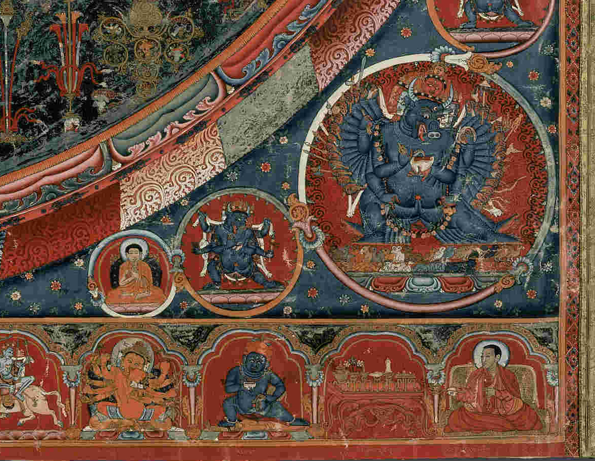 Close view of blue-skinned deities and seated figures in interlocking roundels against blue background with floral motif