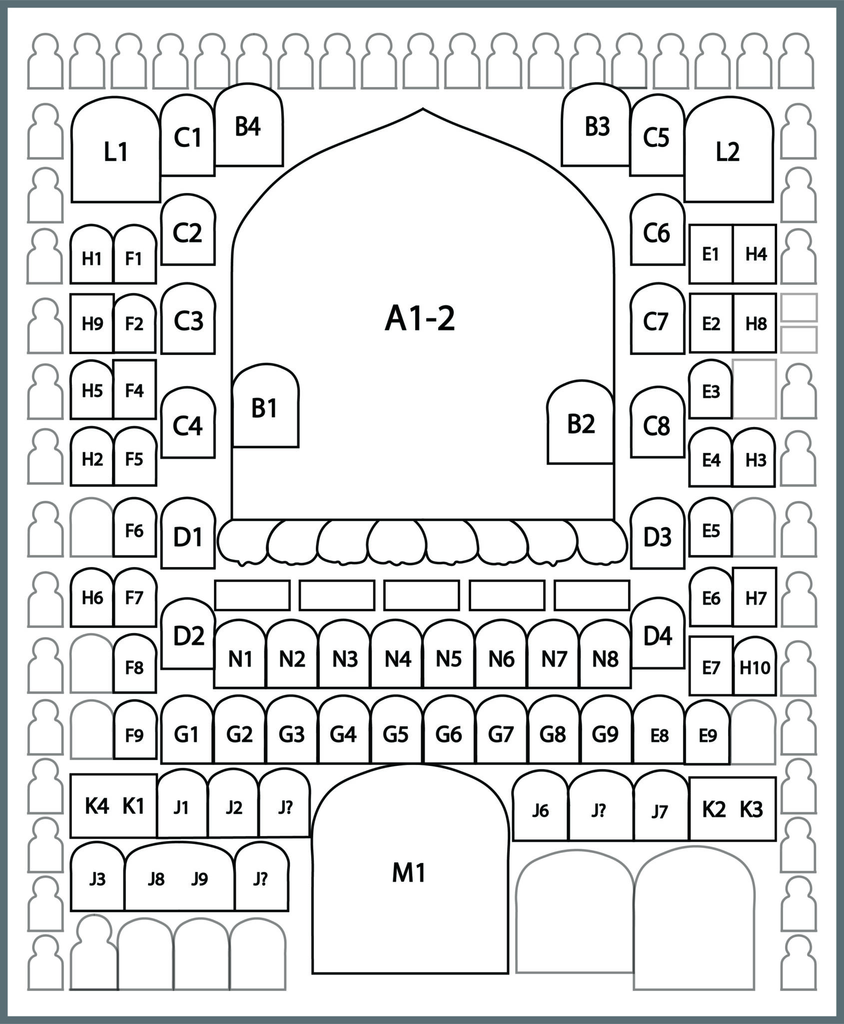 Black and white diagram indicating placement of deity portraits in mandala; labeled with letters and numbers (e.g., “A1-2”)