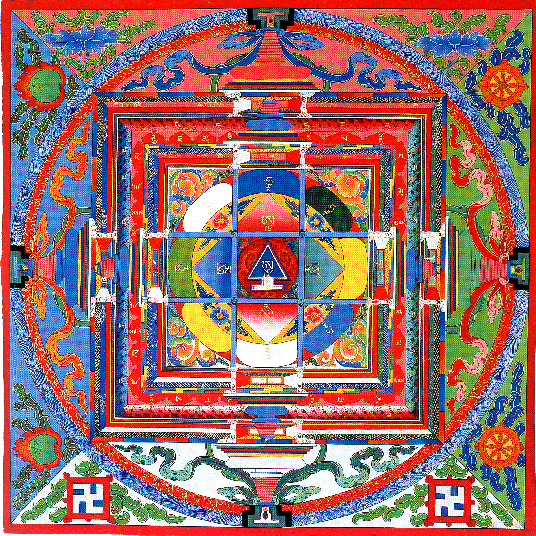 Mandala in acid colors featuring nine-square grid at center and ribboned stupas at cardinal points