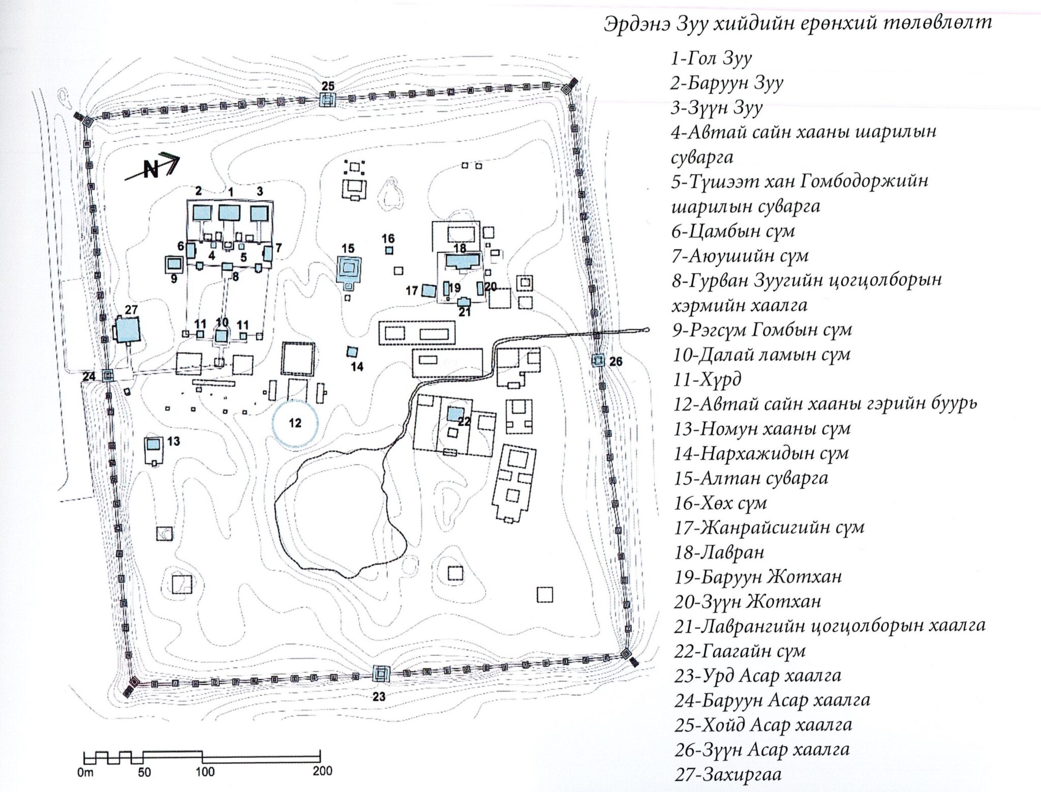 Diagram depicting architectural footprint and topographical features of monastery complex; Russian text at right