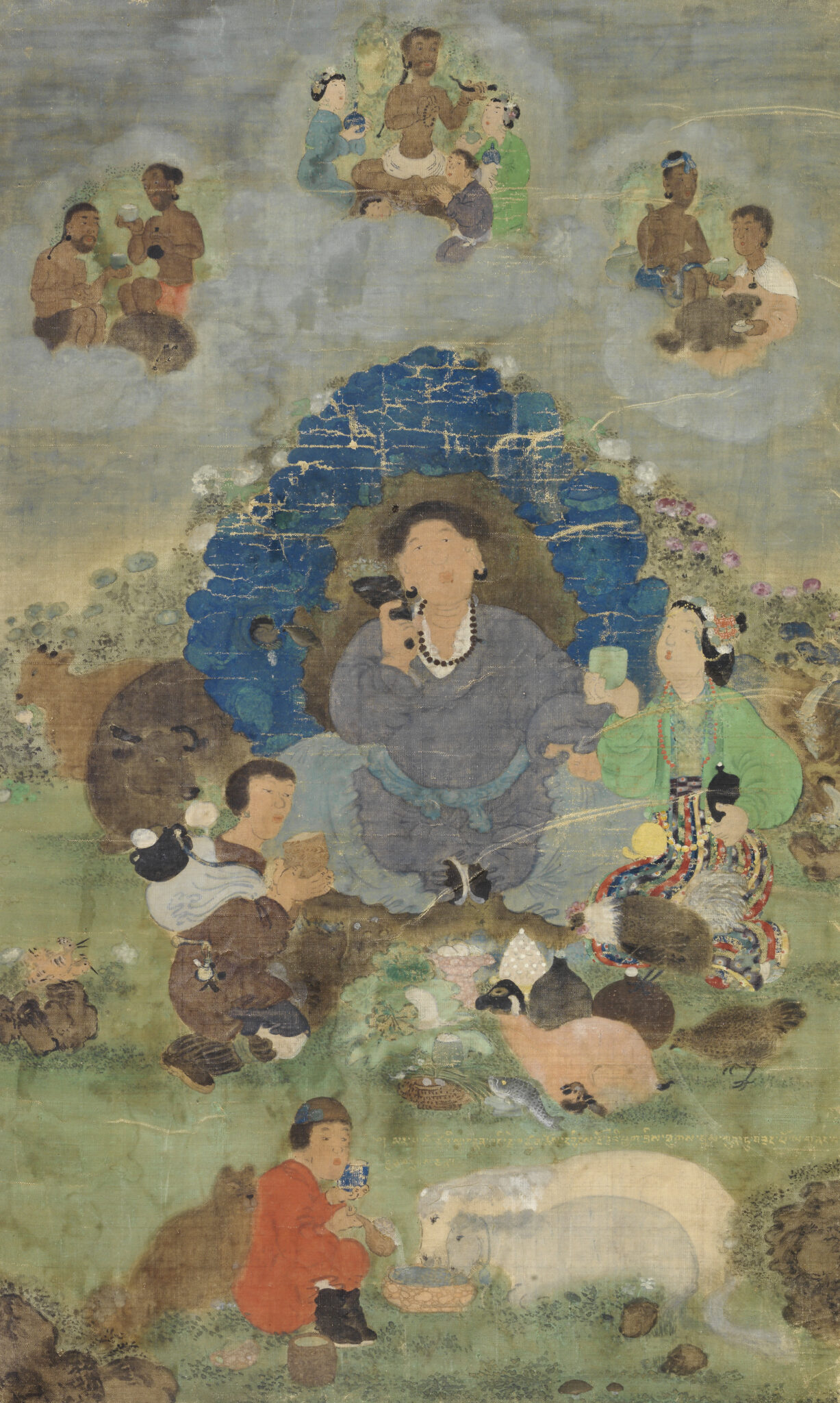 Figure seated before blue nimbus, flanked by attendants and animals, below three scenes depicted amongst clouds