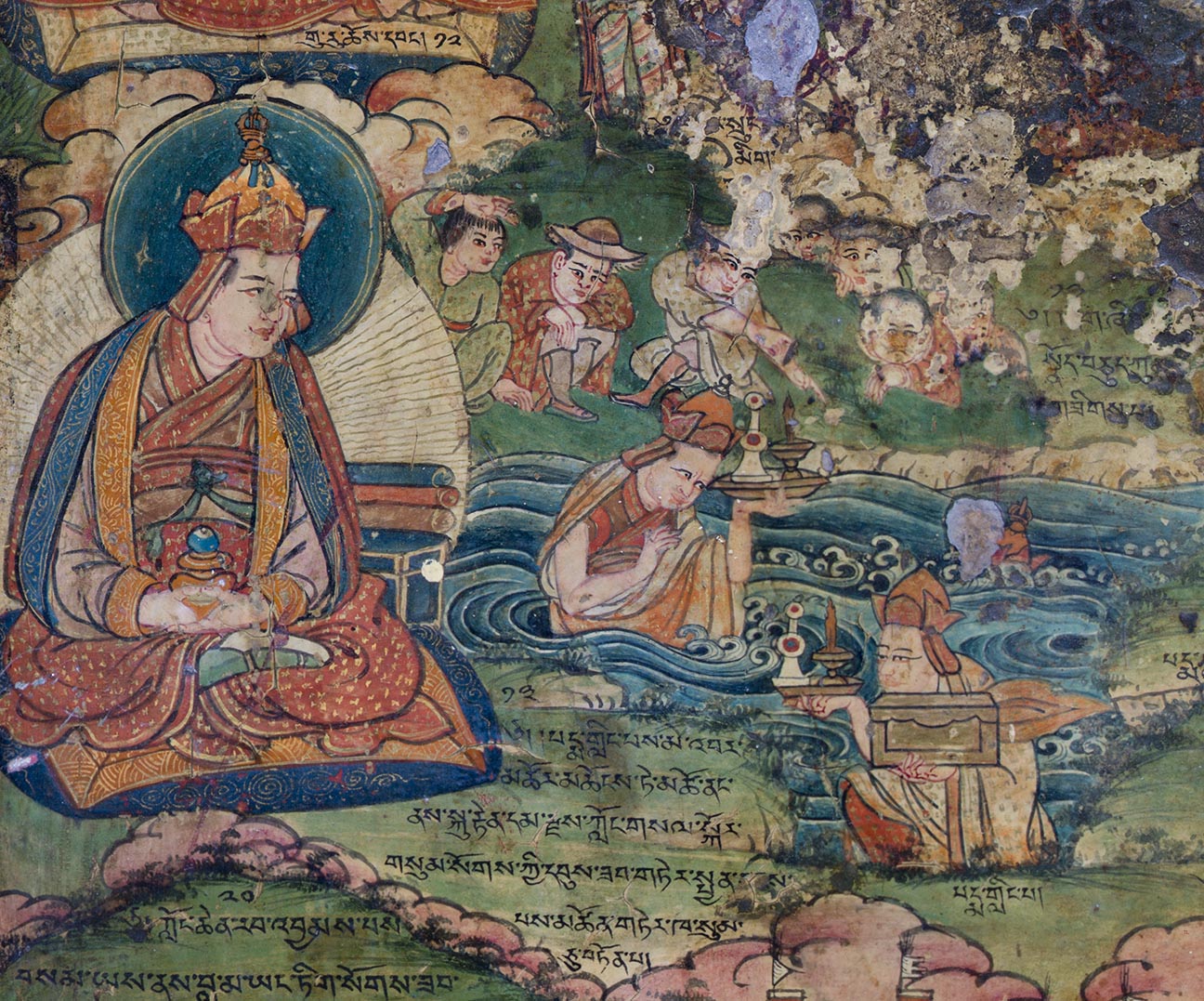 Mural depicting siddha in three views: seated, beside body of water, and immersed in water