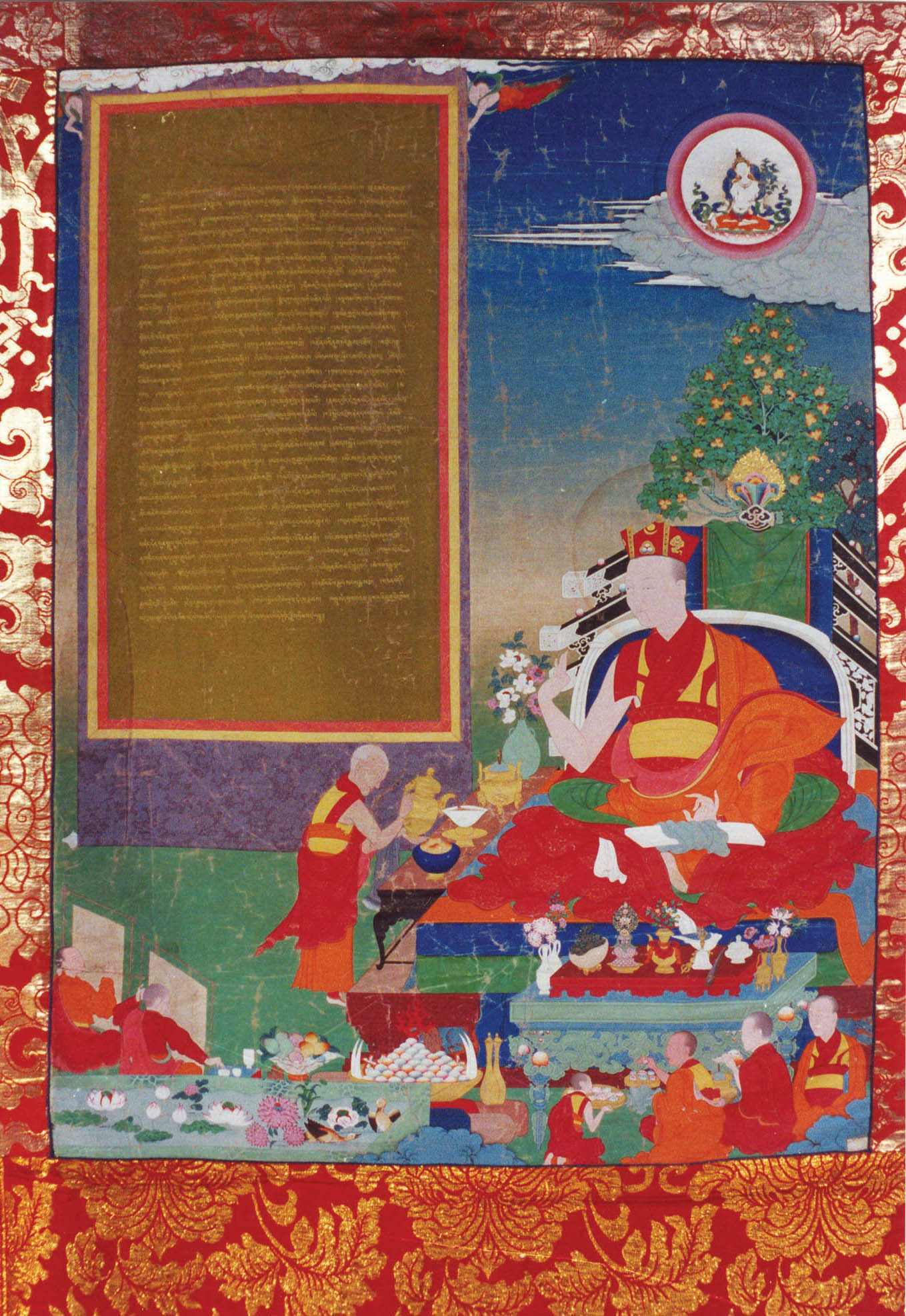 Lama seated before altar and attendants at bottom right; text against brown background at top left