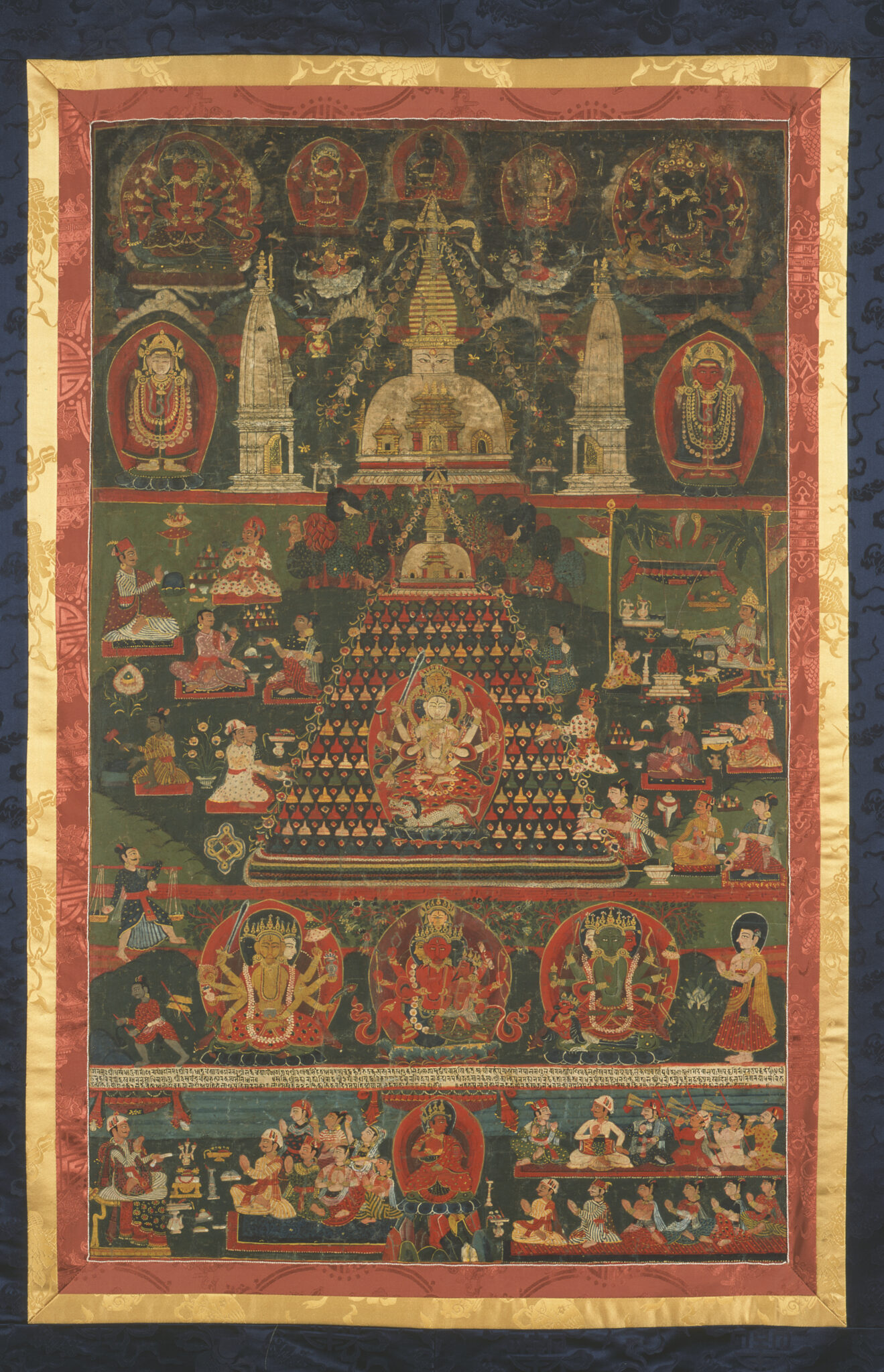 Dusky painting depicting stupa structure against landscape and registers of scenes and deity portraits