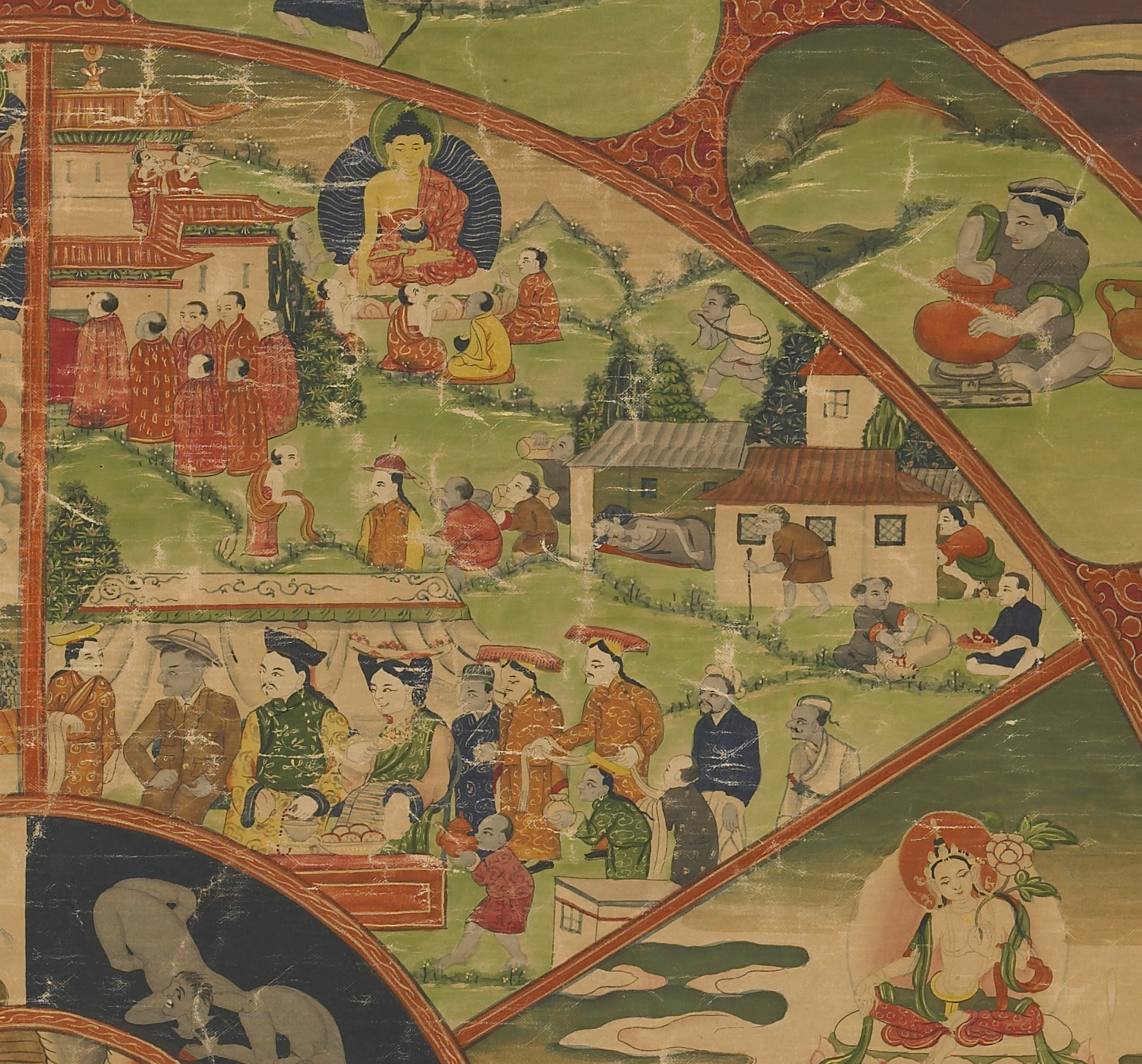 At bottom, scene depicting group in fine clothes outside tent; At top, Buddha is hovering above attendants