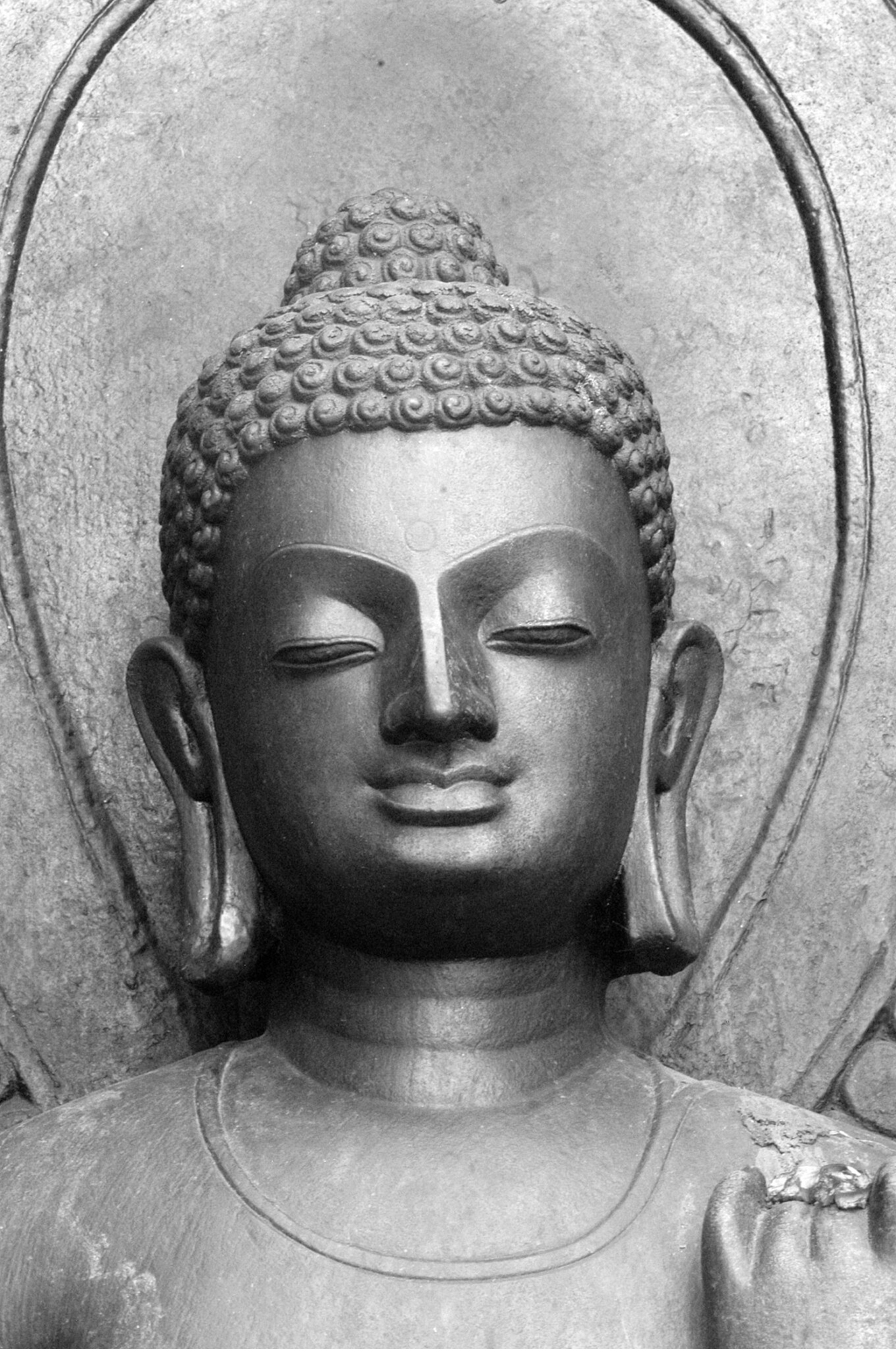 Black and white photograph of head and shoulders of Buddha featuring tightly coiled hairstyle, elongated earlobes, and gentle smile