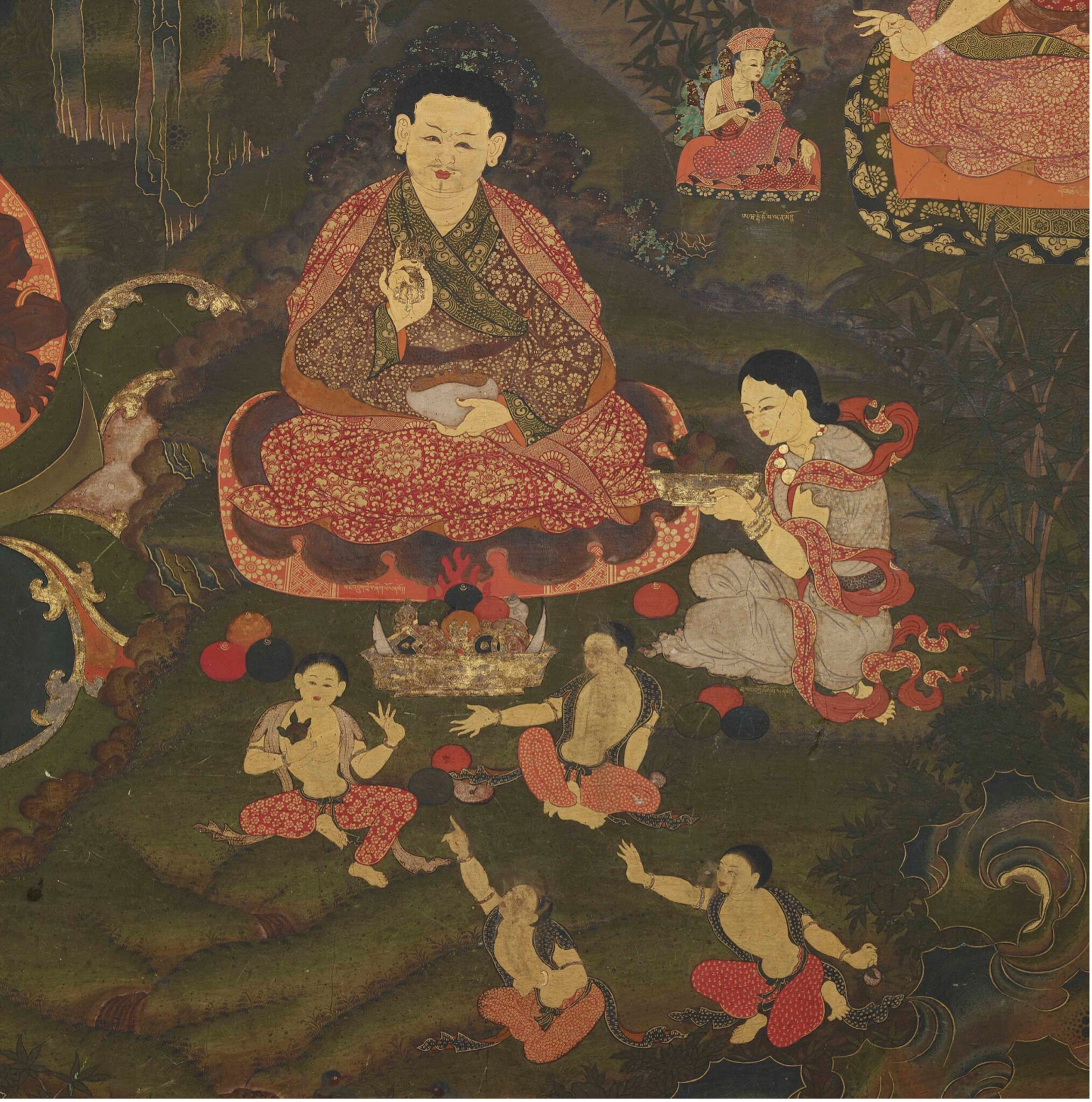 Lama wearing resplendent gold and red brocade robe, seated before five attendants in playful poses