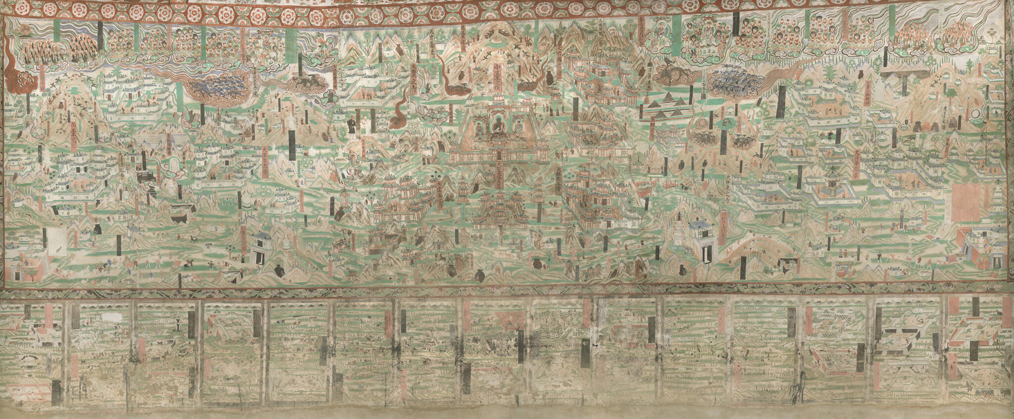 Beige and green mural depicting in fine detail various buildings and features of mountainous landscape