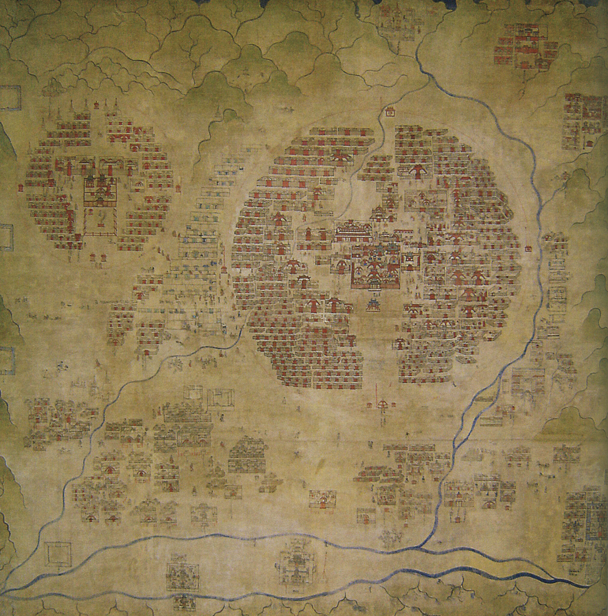 Map depicting two large settlements in circular formation and scattered smaller settlements near river system