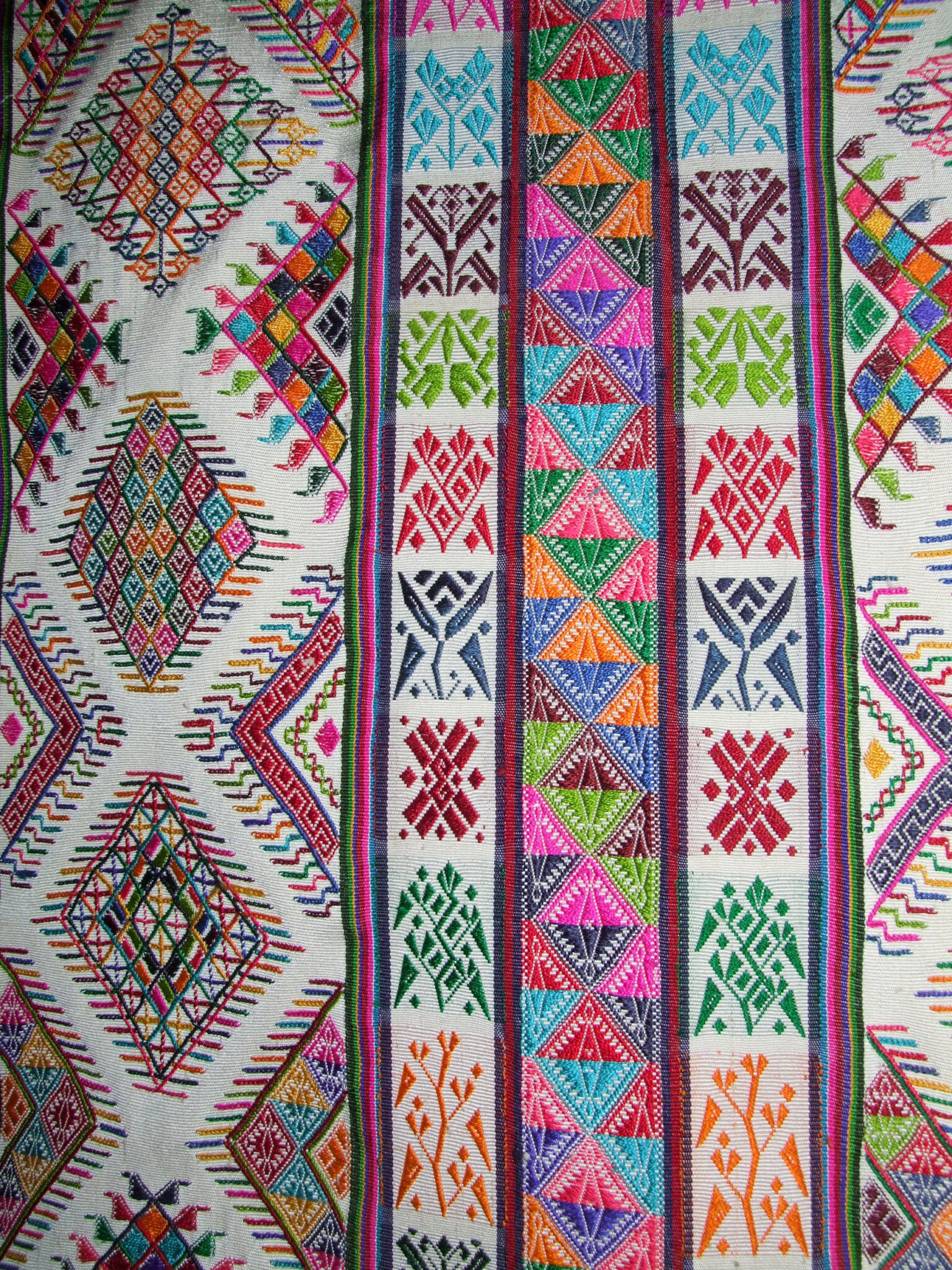 Detail of colorful woven textile: fields of lozenge shapes divided by long strips decorated with smaller motifs