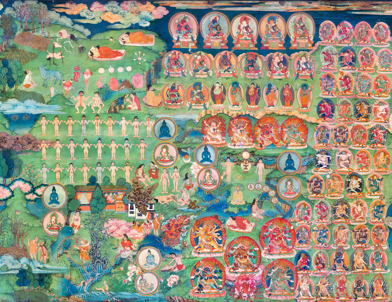 Deity portraits arranged in registers and human figures enacting various scenes obscure background landscape