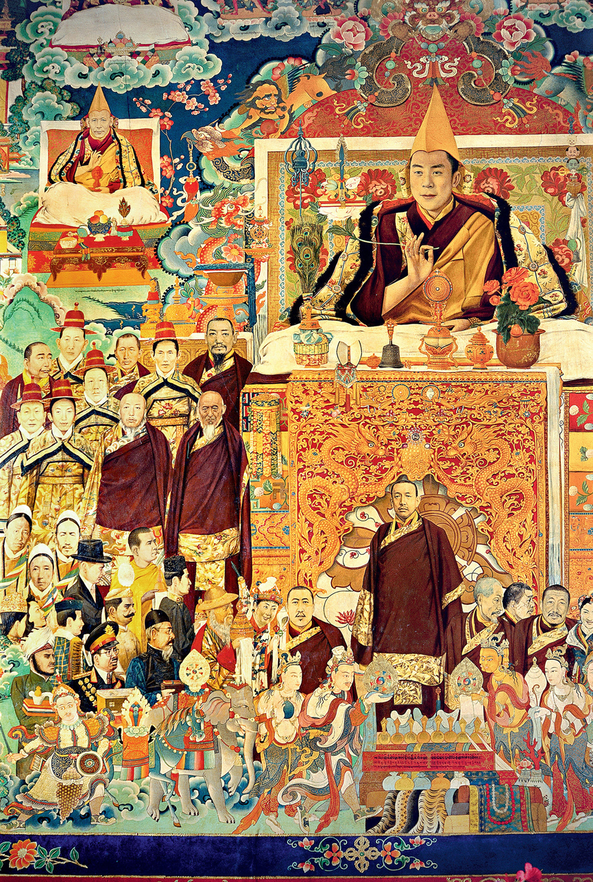 Mural in photorealistic style depicting Lama seated on ornate golden throne above group of lamas and deities