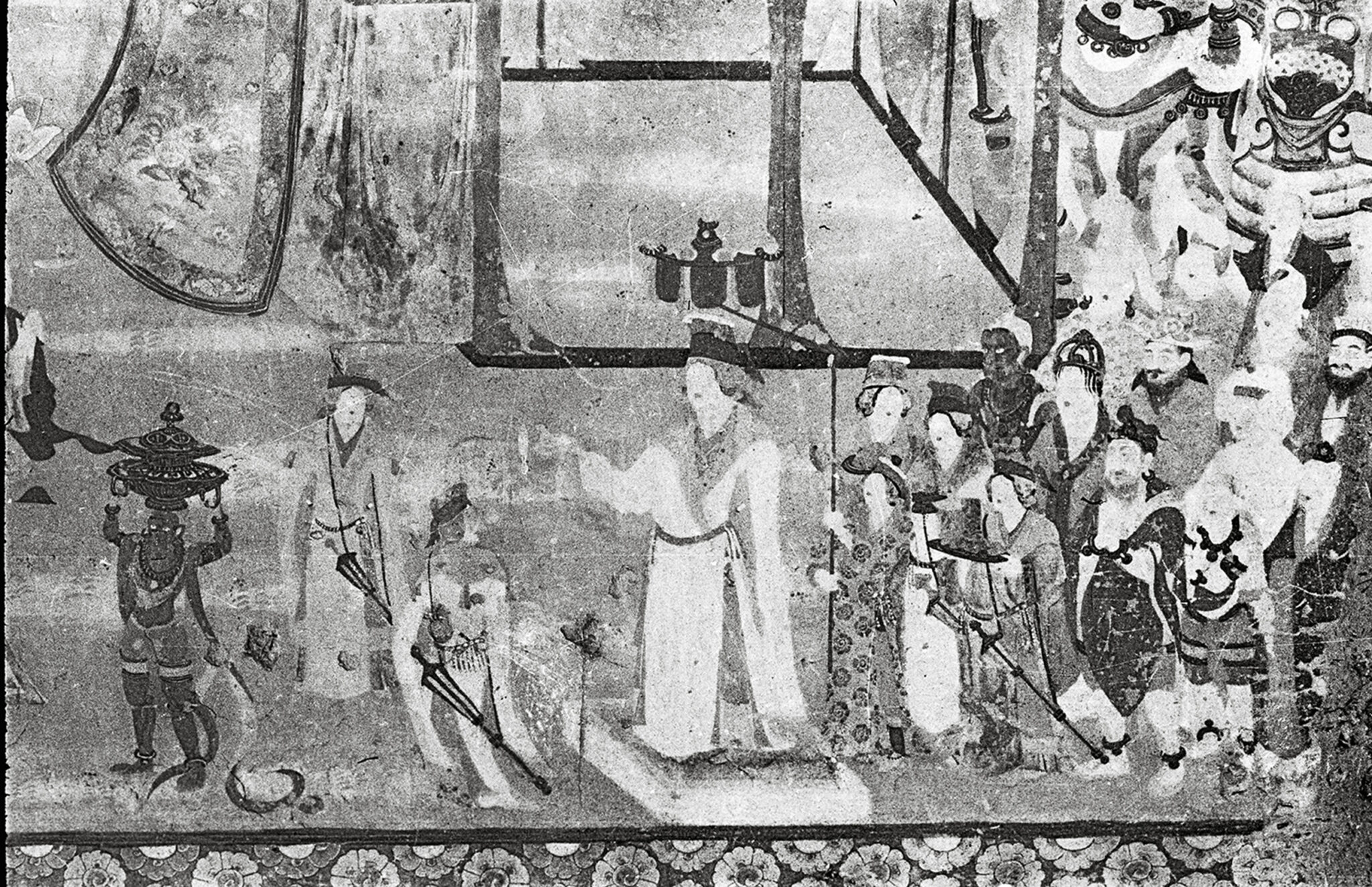 Black and white detail of wall painting depicting a ruler and his retinue facing a group of three people