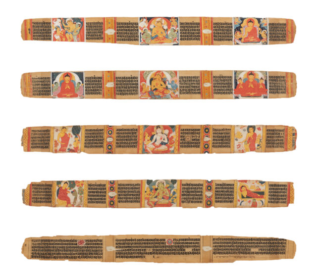 Five thin rectangular pages arranged in column; each page features text interspersed with miniature paintings of deities