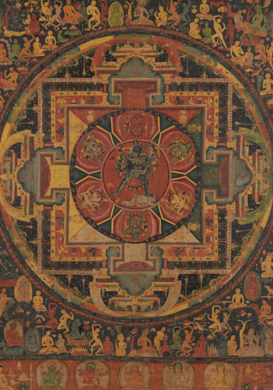 Sacred painting composed of nested geometric forms; features deities, architectural forms, symbolic motifs, and scenes in miniature