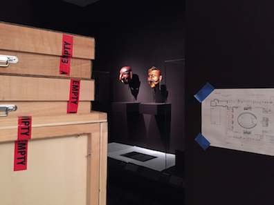 Bhutanese masks of Astara, a joker (left), and Apa Monpa (right) were among the first works to be mounted. Both pieces are from the Bruce Miller Collection.