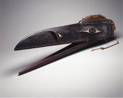 Gwaxwiwe' Hamsiwe' (Mask of the Raven Man-eater); Kwakwaka'wakw Peoples; Pacific Northwest Coast; 19th century; Red cedar, red cedar bark, paint; Brooklyn Museum, Gift of Herman Stutzer, Esq. 15.513.3 a-c.