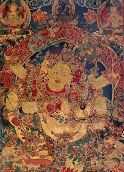 Forest Goddess: Healer of Contagious Diseases Parnashavari (detail); Central Tibet; 19th century; Pigments on cloth; Rubin Museum of Art C2003.36.3. This painting is currently on view in 