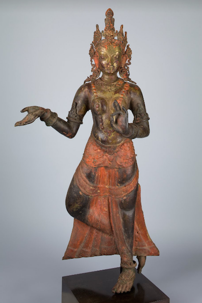 River Goddess Yamuna; Nepal; 18th century; Copper repousse of multiple parts, pigments; Rubin Museum of Art; Gift of Shelley and Donald Rubin C2006.66.631. Not on view.