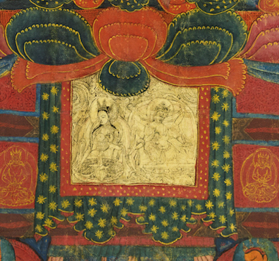 Detail shot of Tsongkhapa; Western Tibet, c. 16th century; Pigments on cloth; Private collection.