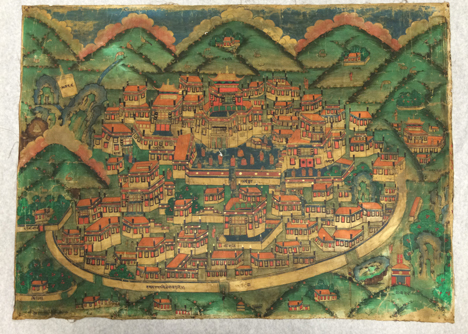 Drepung Monastery Map; Tibet or Nepal; 1898; Ground mineral pigment on cotton; 17.75 x 24.38 in.; Rubin Museum of Art, C2006.2.2 (HAR 65625)