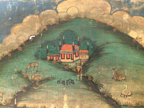 Detail of lush landscape surrounding Drepung Monastery; Rubin Museum of Art, C2006.2.2 (HAR 65625)
