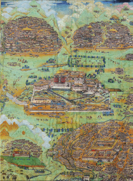 The Potala Palace and the Main Monuments of Lhasa ; Tibet; 18th-19th century ; Distemper on cloth ; 34 3/8 x 24 Â½ in. (Framed: 45.25 x 35.375 in.) ; Rubin Museum of Art, C2009.4 (HAR 65848)