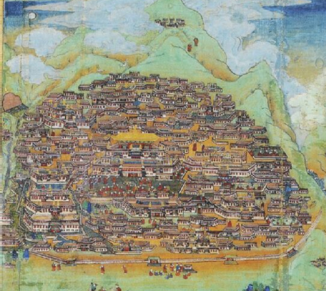 Detail of Drepung Monastery (upper left corner) ; Rubin Museum of Art, C2009.4 (HAR 65848)