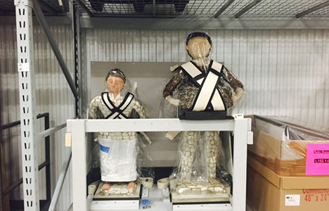 Final packing: figures happily rehoused and integrated on pallets racks at the Rubin's off-site storage facility.