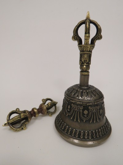 Five-prong Bell & Dorje Set, Probable Urga or Dolonor (Mongolia), ca. late 19th century silver, metal (Li, five metal compound), Rubin Museum of Art C2014.7.4a-b