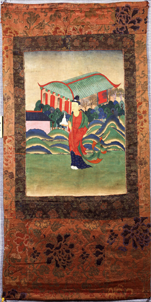 Maitreya From Situ's set of Eight Great Bodhisattvas, Kham Province, Eastern Tibet; 19th century, Ground mineral pigment on cotton, Rubin Museum of Art, Gift of Shelley & Donald Rubin Foundation, F1998.12.1 (HAR 645)