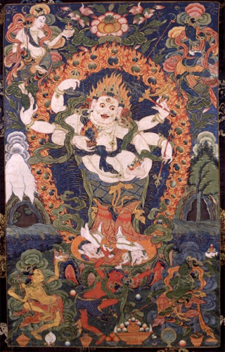 The White Mahakala, Shadbhuja Tibet; 18th century, Pigments on cloth, Rubin Museum of Art, Gift of Shelley and Donald Rubin, C2006.66.28 (HAR 813)