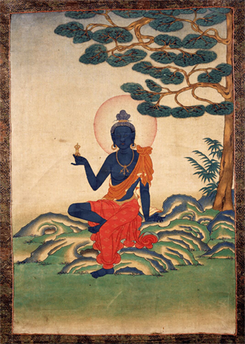 Vajrapani From Situ's set of Eight Great Bodhisattvas, Kham Province, Eastern Tibet; 19th century, Ground mineral pigment on cotton, Gift of Shelley & Donald Rubin Foundation, F1997.40.5 (HAR 586)