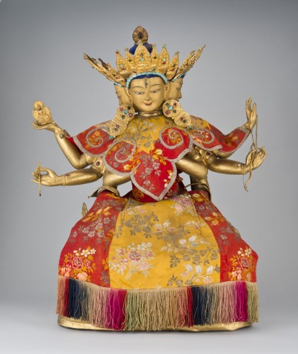 Ushnishavijaya tibet; 19th century Gilt copper, cold gold, turquoise and paste jewelry, silk brocade robes Sylvie Sauveniere 83 x 52 x 30 cm L2013.24 
