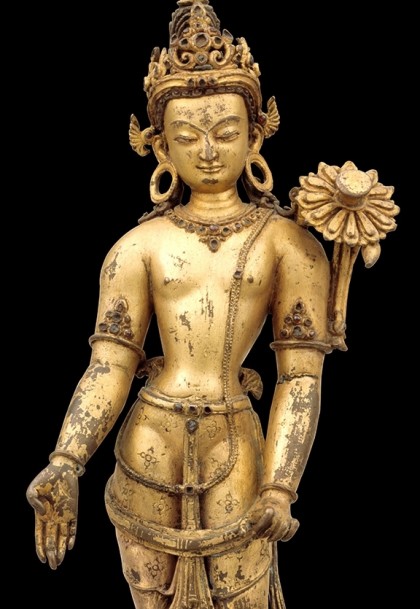 Avalokiteshvara,The Bodhisattva of Compassion; Nepal; 14th century; Gilt copper alloy with semiprecious stone inlay