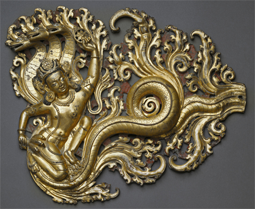 Flying Naga, Nepal or Tibet; 14th century, Gilt copper alloy; repouse, Rubin Museum of Art,C2005.16.18 (HAR 65441)