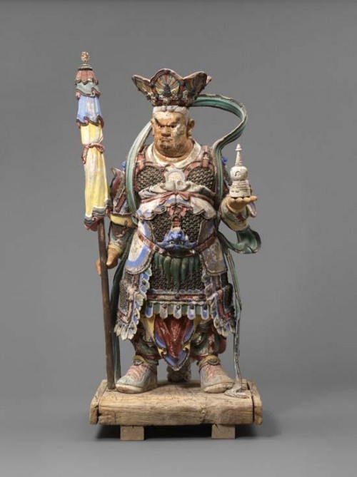 Virupaksha, the Guardian King of the West; China; Qing dynasty (1644-1911), 17th-18th century; clay, polychrome, and stone with wooden base and interior armature; Rubin Museum of Art; C2010.10