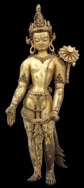 Bodhisattva Avalokiteshvara; Nepal; 14th century; Gilt copper alloy with semiprecious stone inlay; Rubin Museum of Art C2005.16.8 (HAR 65430)