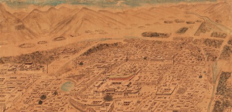 Perspective Map of Lhasa (detail) | Lhasa, Tibet; early 20th century (pre-1912) | Ink, watercolor, and gold leaf on rice paper | Collection of Knud Larsen