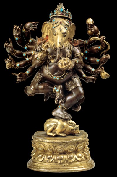 Dancing Ganapati Tibet; 17th century; Gilt copper alloy with pigments and inlays of turquoise; Rubin Museum of Art; C2005.16.25 (HAR 65448)