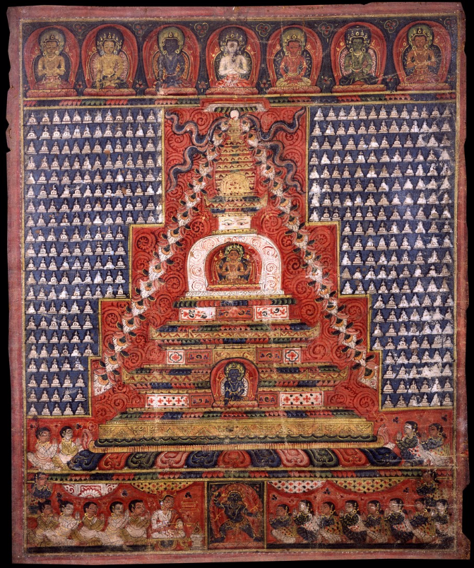 Monsoon Ritual around the Stupa (Gumla Dharma Laksha Caitya) Nepal; 16th century, Pigments on cloth, Rubin Museum of Art Gift of Shelley and Donald Rubin C2006.66.36 (HAR 100004)