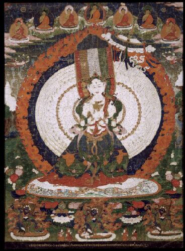 Universal White Parasol, Sitatapatra, Tibet; dated 1864, Ground mineral pigments on cloth, Collection of Rubin Museum of Art, F1996.18.1 (HAR 468)