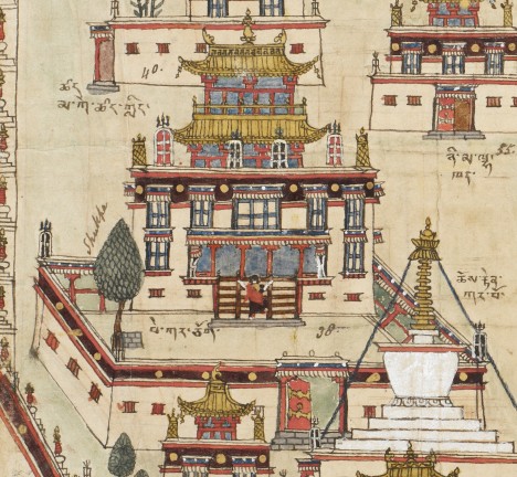 Temple of Pehar and the white stupa at Samye Monastery (included in the panoramic map of Central Tibet) Â© The British Library Board, Add. Or. 3017, Folio 3 (detail).