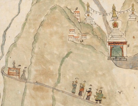Lhasa's former entrance gate (Pargo Kaling) and a group of people on the outer pilgrim circumambulation path (Lingkhor); detail of the Lhasa map (included in the panoramic map of Central Tibet) Â© The British Library Board, Add. Or. 3013, Folio 1 (detail).