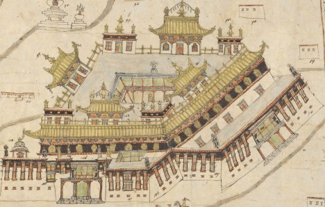 Panoramic map of Southern Tibet showing the monastic complex of Sakya Â© The British Library Board, Add. Or. 3016, Folio 2 (detail).